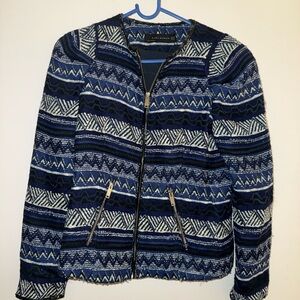 Zara Navy and Cream Patterned Blazer